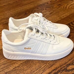 Gola White Leather Platform Sneakers with Gold Logo Accent